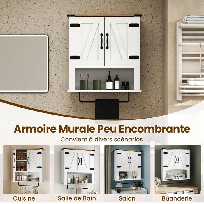 Armario de baño de pared COSTWAY - 2 puertas, compartimento abierto, estante ajustable, toallero para lavadero, cocina