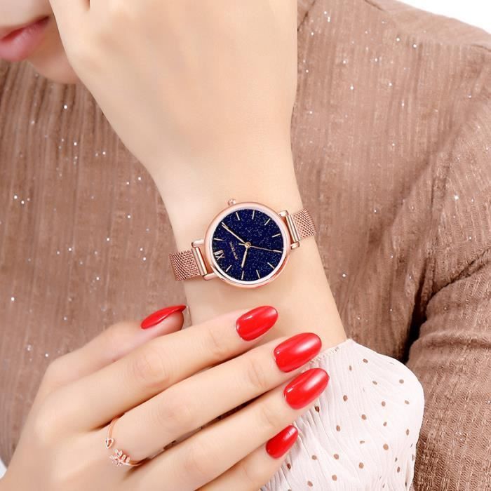 Reloj de cuarzo de lujo para mujer SHARPHY con esfera estrellada, brazalete de acero color oro rosa, luminoso y resistente al agua.