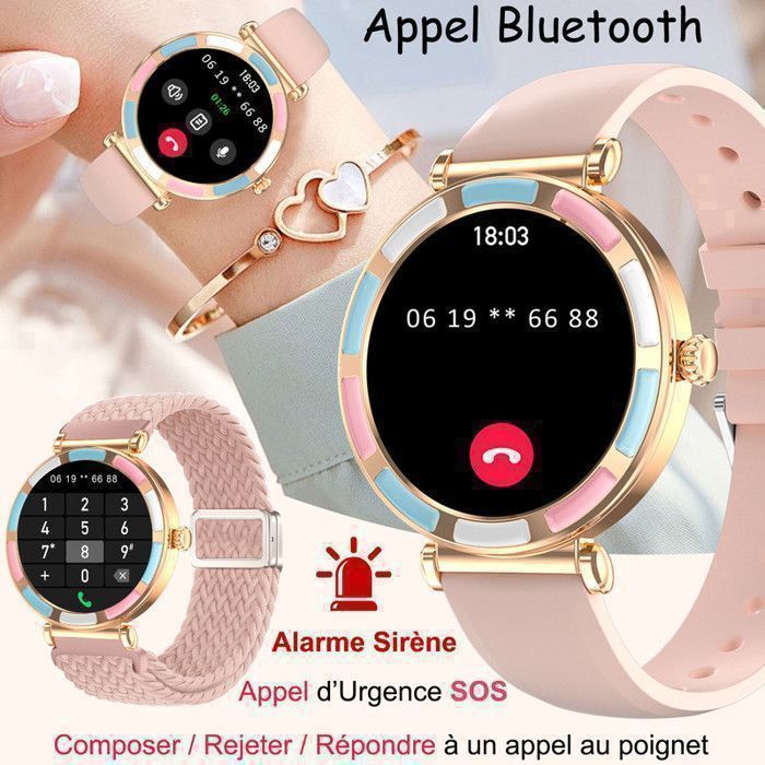 XTRADITECH dames smartwatch, sportieve legering, diamantgeslepen, veelkleurige strass-steentjes, goud, roségoud, blauw, rond, 3,2 cm, achterkant met keramisch effect, 3 bandjes