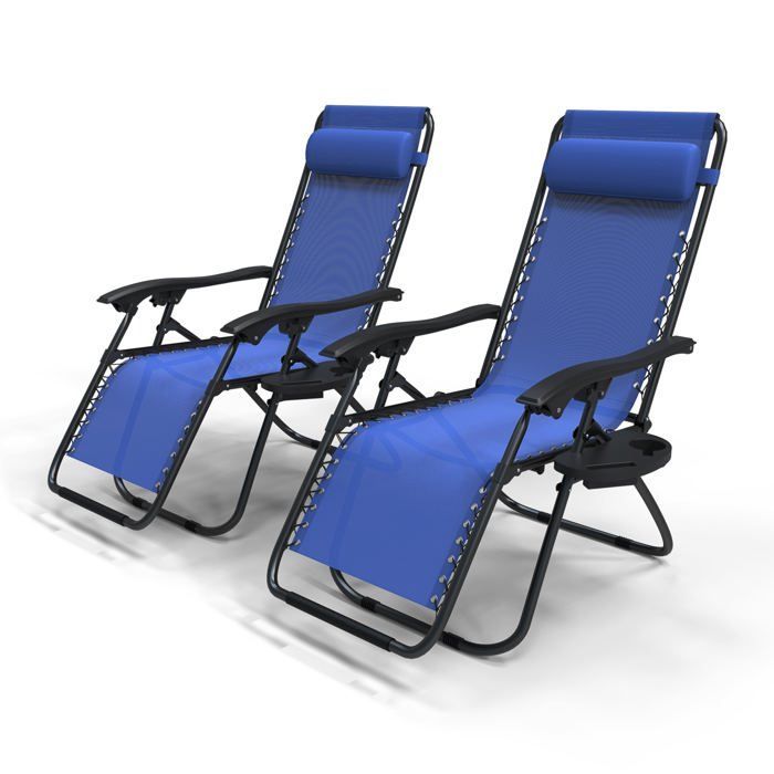 Juego de 2 sillones reclinables plegables VOUNOT® de textilene con portavasos - Carga máxima 120 kg - Azul