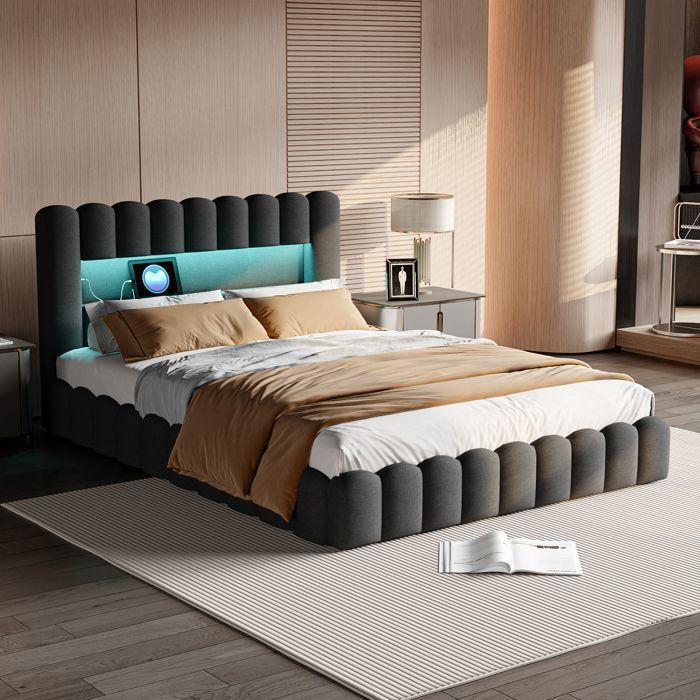 Cama con almacenamiento de 180 x 200 cm, cama de 180 x 200 cm con somier de láminas, con puerto USB y luz LED, cama doble, cama tapizada, estructura de cama, ropa de cama, gris