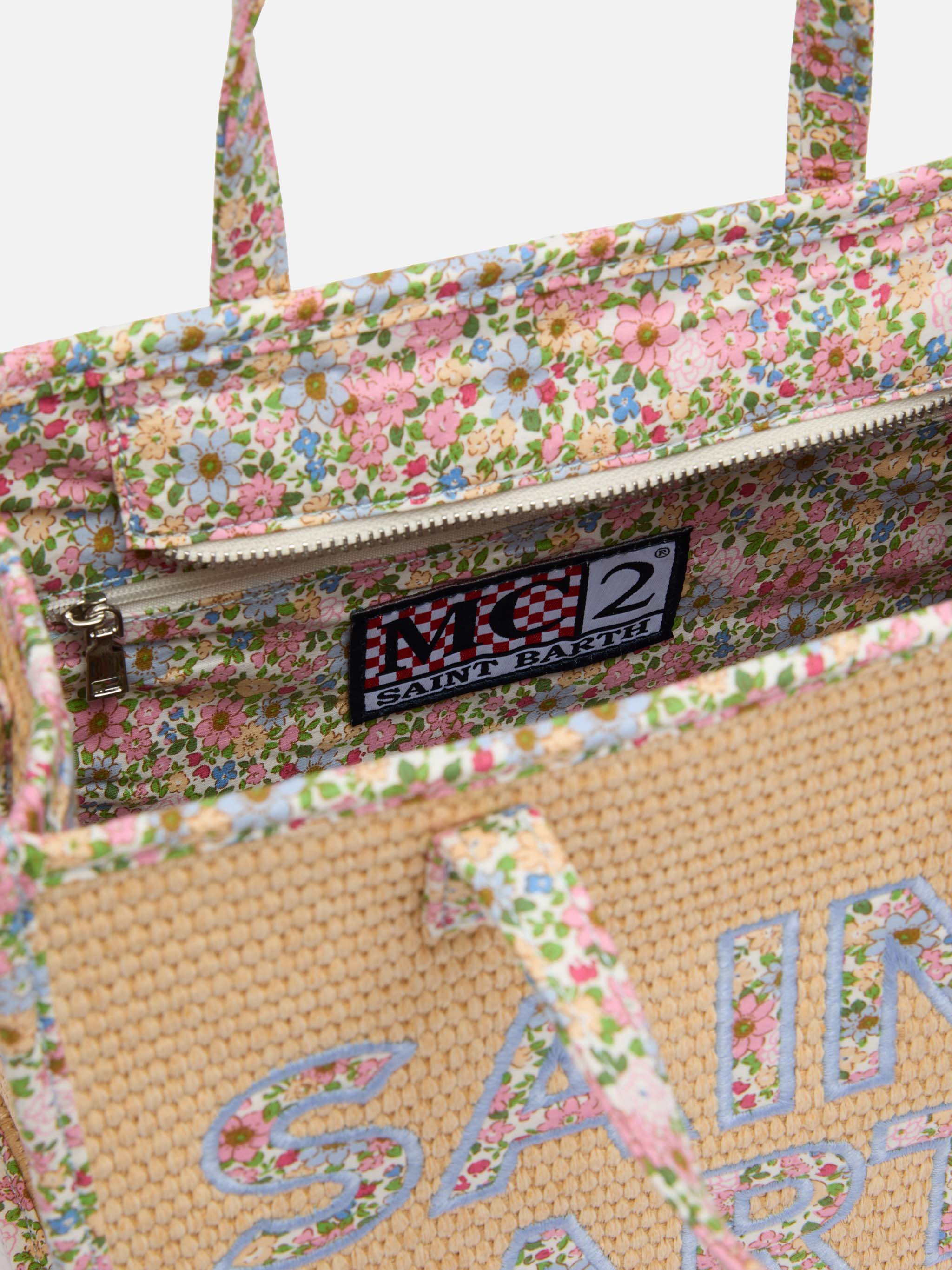 Vivian Midi handtas in beige stro-look met bloemendetails