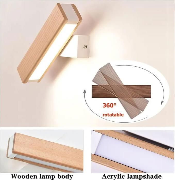 DELIPOP LED-wandlamp voor binnen – 4W houten wandlamp, 360° draaibaar, 3000K warm licht – voor trappenhuis, slaapkamer