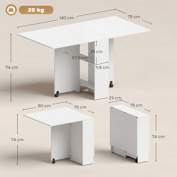 Mesa de cocina plegable - HOMCOM - con ruedas, 2 estantes integrados, mueble - madera - 75x140x74cm - blanco