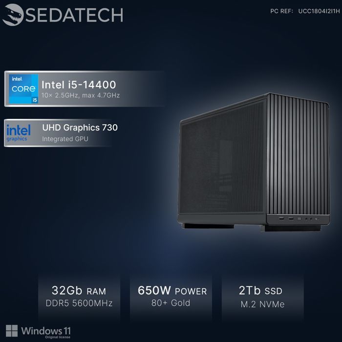 Sedatech Mini-PC Professionnel Micro ATX • Intel i5-14400 • 32Go DDR5 • 2To SSD M.2 • Windows 11