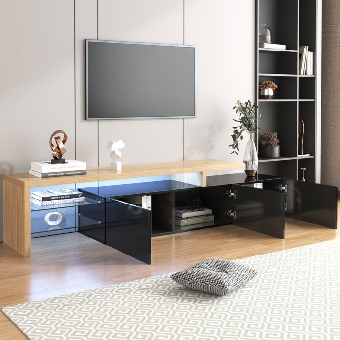 Elegante mueble para TV LED de madera negra con 3 puertas de alto brillo, estantes de cristal, soporte/aparador de diseño moderno para salón, 198x39x42cm