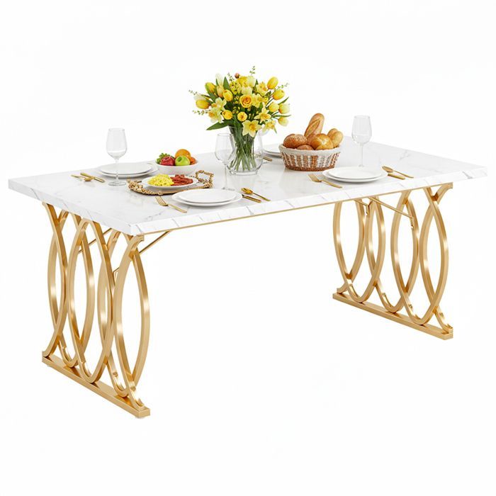 Mesa de comedor - 160 x 80 x 75 cm, chapa de mármol - Mesa de comedor, mesa de cocina rectangular, blanca