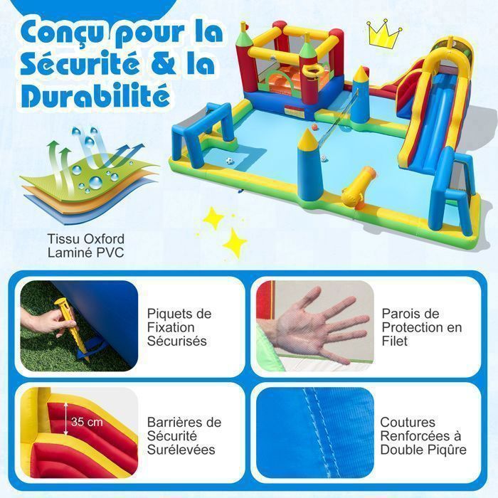 Opblaasbaar kasteel - COSTWAY - Waterglijbaan, klimwand, zwembad zonder pomp - Buitenspel voor kinderen van 3-12 jaar