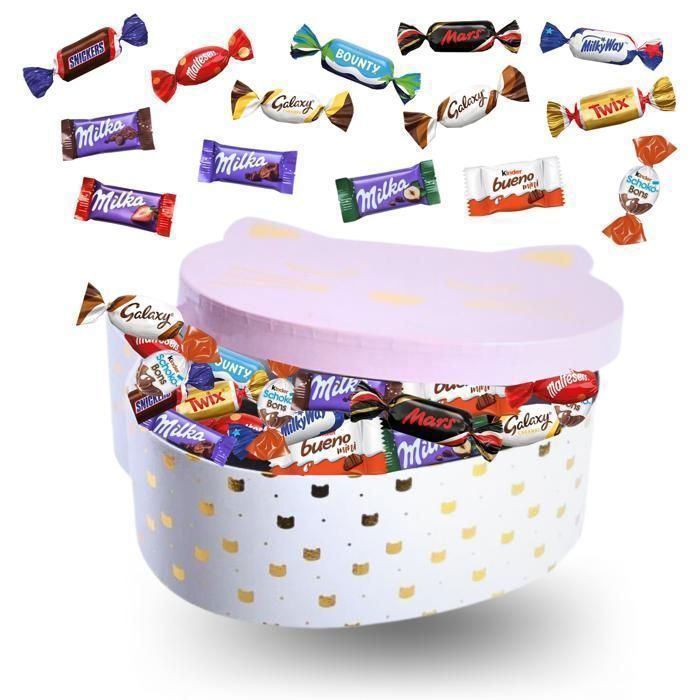 Cadeaubox - Roze kattenbox gevuld met een assortiment van 140 Celebrations-, Milka- en Kinder-chocolade | Moederdagcadeau