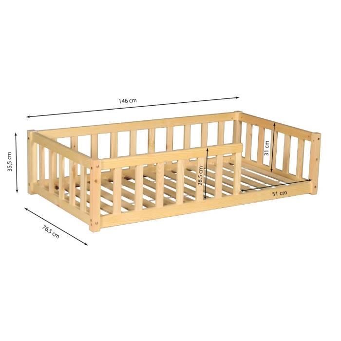 Cama Nino 70x140 + 1 base de láminas + barandilla de seguridad / Natural