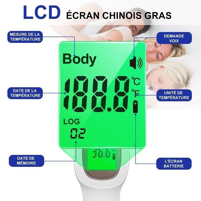 Termometro digitale a infrarossi senza contatto per la fronte, 32-42,9℃, misurazione frontale, lettura con codice colore, display LCD, funzione di allarme febbre
