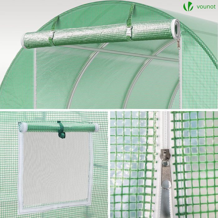 Serre de jardin tunnel - VOUNOT - 9m² Vert - Acier galvanisé - Fenêtre anti-moustiquaire, porte enroulable, barre anti-tempête