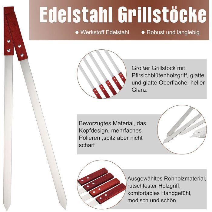 Adana Kebab Lot de 10 brochettes plates en acier inoxydable avec poignées en bois 60 cm s accessoires de barbecue pour BROCHE
