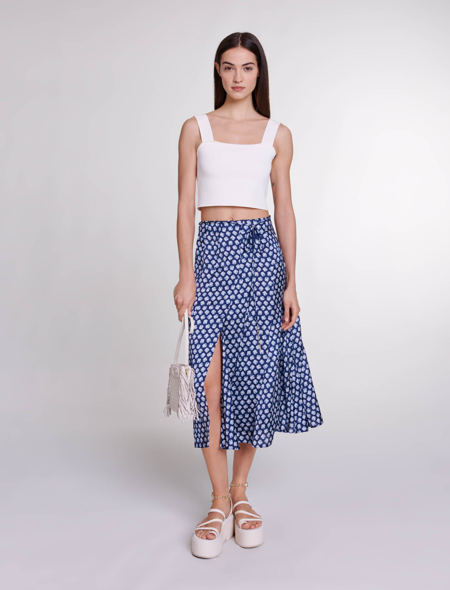 Satijnen midi-rok - Clover marine/ecru