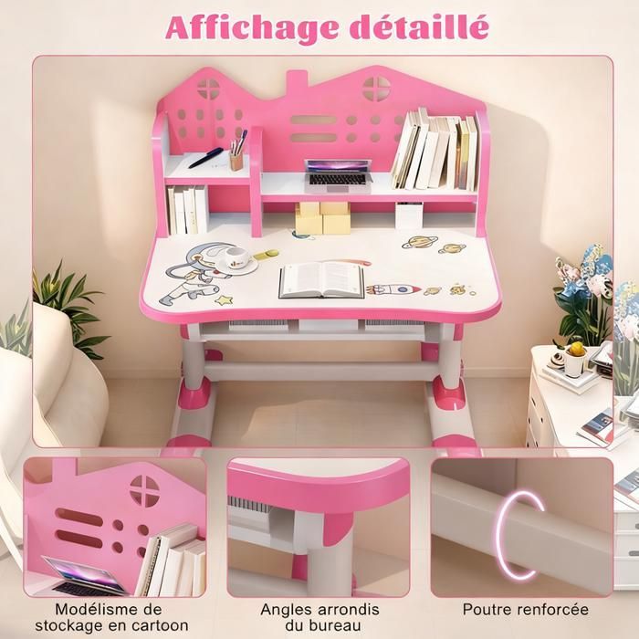 Escritorio y silla de estudio infantil – FIANAO – Altura regulable, escritorio de 105 × 72,5 cm, silla ergonómica, almacenamiento deslizante – Rosa