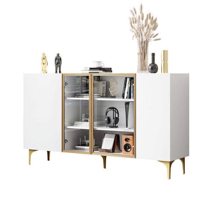 Modern wit dressoir met 4 deuren, gehard glas en gouden metalen poten, minimalistisch design met veel opbergruimte.