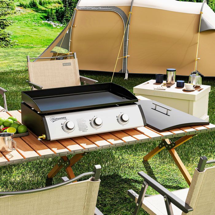 Gas griddle - Outsunny - 3 burners 7.5 kW - cooking surface 61 x 35.5 cm - with lid - liquefied gas/propane - black