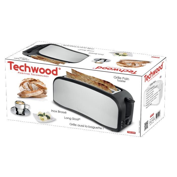 Tostadora Techwood TGPI-1416 de acero inoxidable con bandeja recogemigas, potencia de 1400 W y acabado en negro.