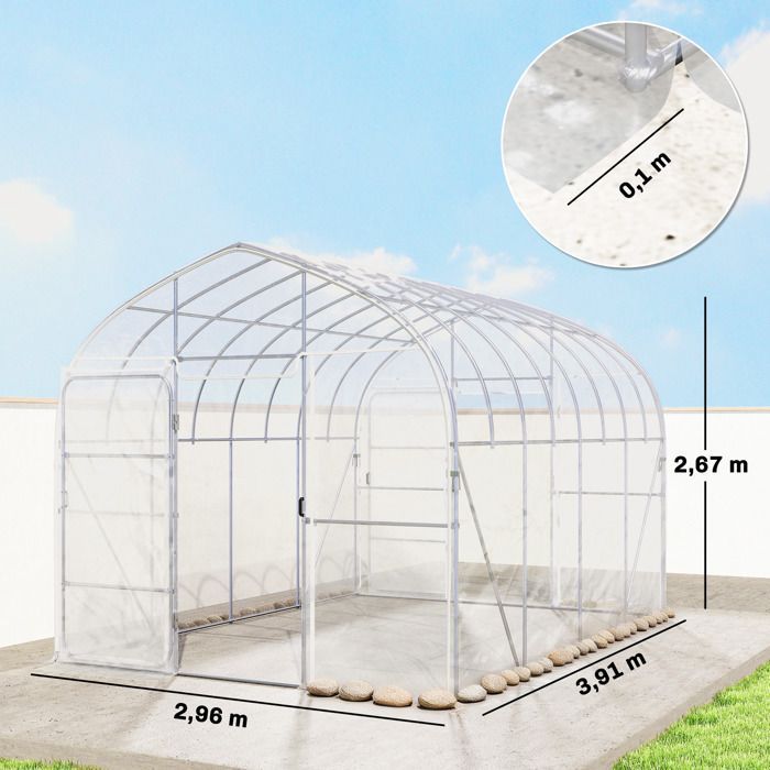 Invernadero tipo túnel Outsunny de 12 m² para cultivo de tomates - Acero galvanizado de 25 mm con película antigoteo - 296 x 391 x 267 cm - Transparente