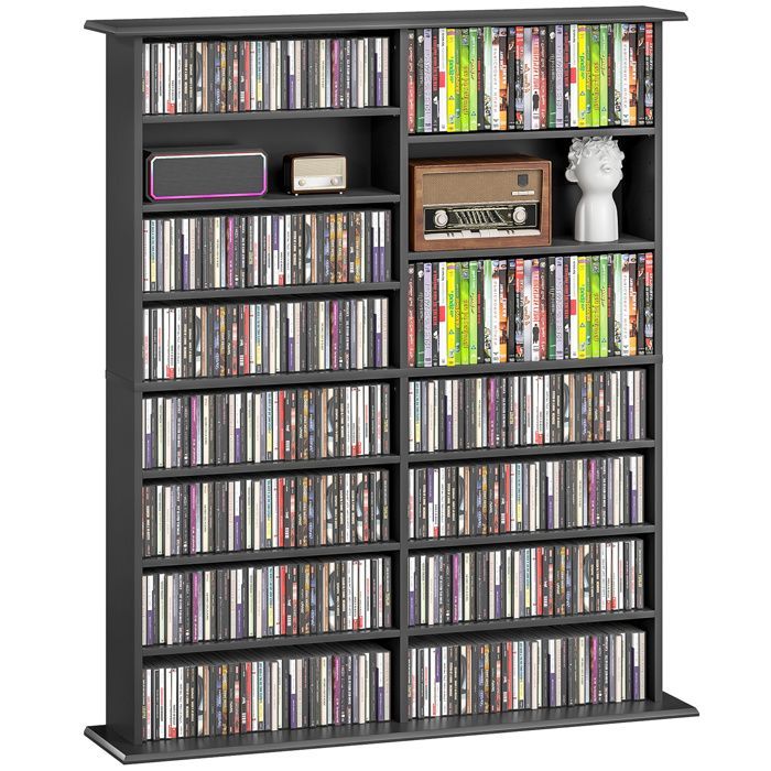 CD and DVD storage unit - HOMCOM - 16 compartments and 12 adjustable shelves - max. capacity 720 CDs/396 DVDs and Blu-rays - black