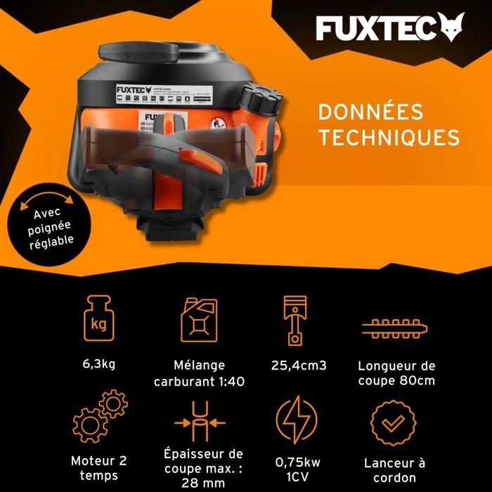 Cortasetos profesional a gasolina - FUXTEC FX-MHP126 - Motor de 25,4 cc, cuchilla de 80 cm