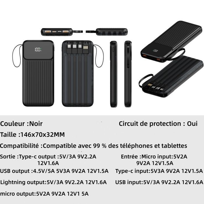 Weuiortn® 25000mAh draagbare externe batterij LCD-powerbank met 4 data-aansluitingen, geschikt voor alle mobiele telefoons