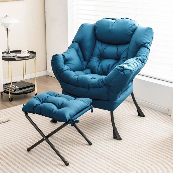 GIANTEX Relaxfauteuil met inklapbare voetensteun, kussen, zijvak, moderne gestoffeerde fauteuil voor woonkamer/kantoor, oplaadfunctie