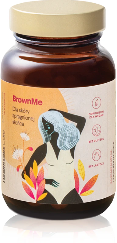 Cápsulas do suplemento alimentar BrownMe da Health Labs Care para um bronzeado bonito e pele saudável.