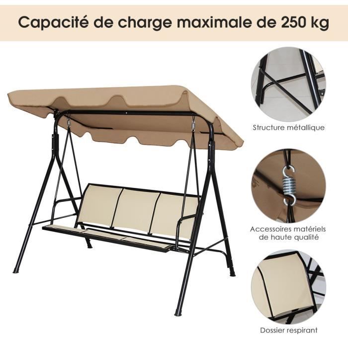 Balancelle de Jardin 3 Places en Acier avec Toit Inclinaison réglable - DREAMADE