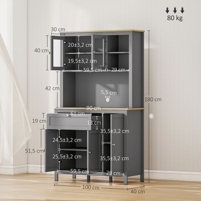 Mobile da cucina HOMCOM con 3 ante, cassetto, nicchie, sistema di gestione cavi, ripiani regolabili e ante in vetro, grigio.