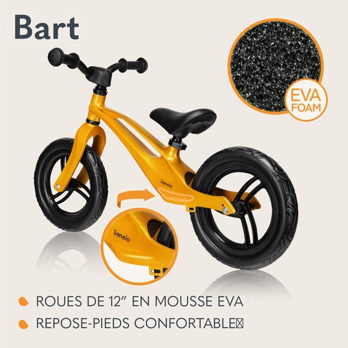 LIONELO Bart Loopfiets - Kinderfiets - Tot 30 kg - Lichtgewicht - Verstelbaar stuur en zadel - Geel