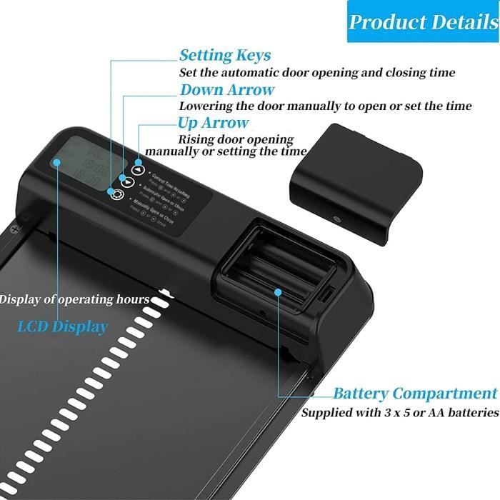 Porte Automatique Poulailler - Tout en Alliage d'aluminium - Anti-pincement - Écran LCD - Noir