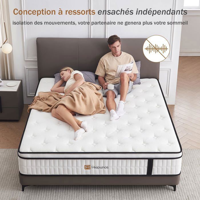 Colchão Hiepunos 80x200 cm, 26 cm de espessura, com molas ensacadas e espuma viscoelástica, 7 zonas de conforto, firmeza média (H3/H4).
