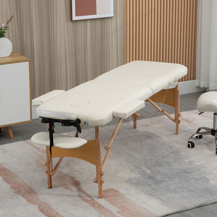 Camilla de masaje - HOMCOM - plegable, portátil, de 2 secciones, mueble regulable en altura - madera - color crema