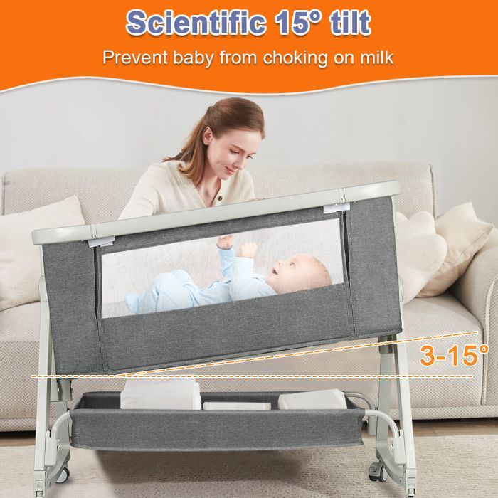 MIPAN. Cuna colecho 3 en 1 - Cama con inclinación y altura ajustables - Cuna para bebés desde recién nacidos hasta los 36 meses - Gris