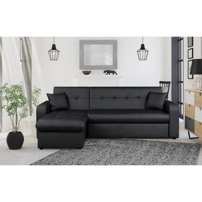 Wendbares 3-Sitzer-Eckschlafsofa – Schwarzes Kunstleder – Modern – B 235 x T 85–153 cm – ROMAN