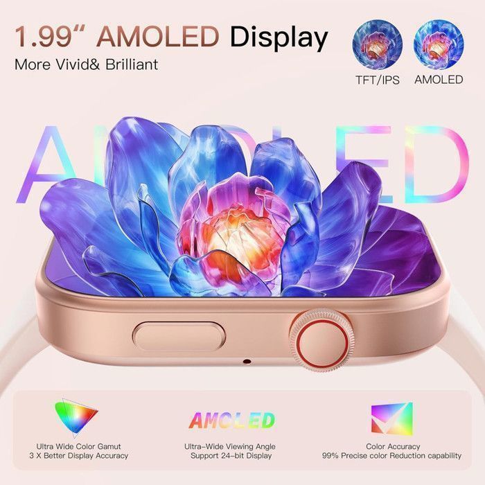 Smartwatch XtraDiTech, compatibile con Apple Watch, display AMOLED, 1,99 €, corona digitale, quinta generazione, PPG, monitoraggio della frequenza cardiaca, resistenza all'acqua fino a 3 ATM, durata della batteria di 12 giorni.