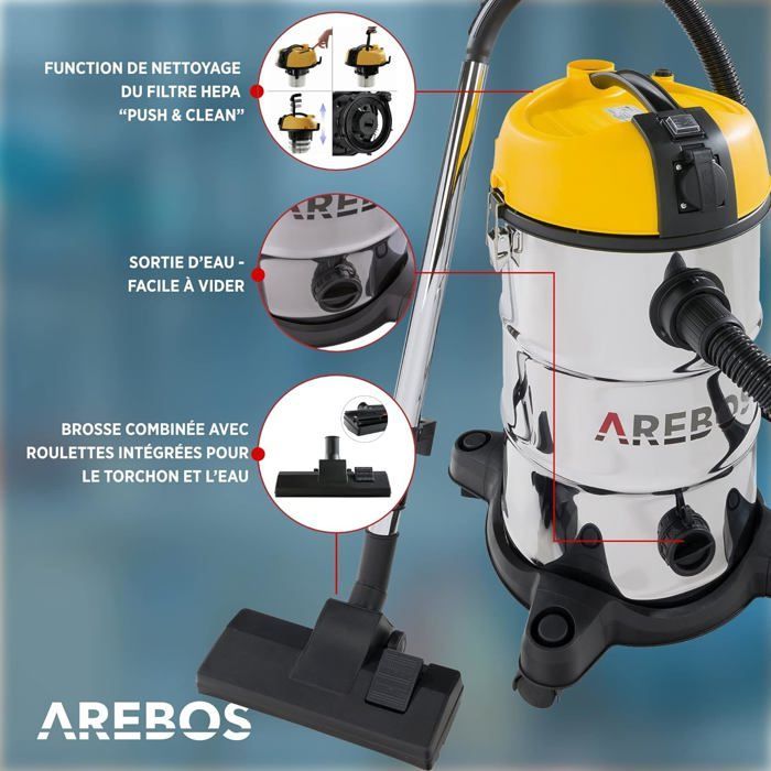 AREBOS Industrial Vacuum Cleaner | Wet and Dry Vacuum Cleaner | 5-in-1 | 1300W | 30L | Stainless Steel