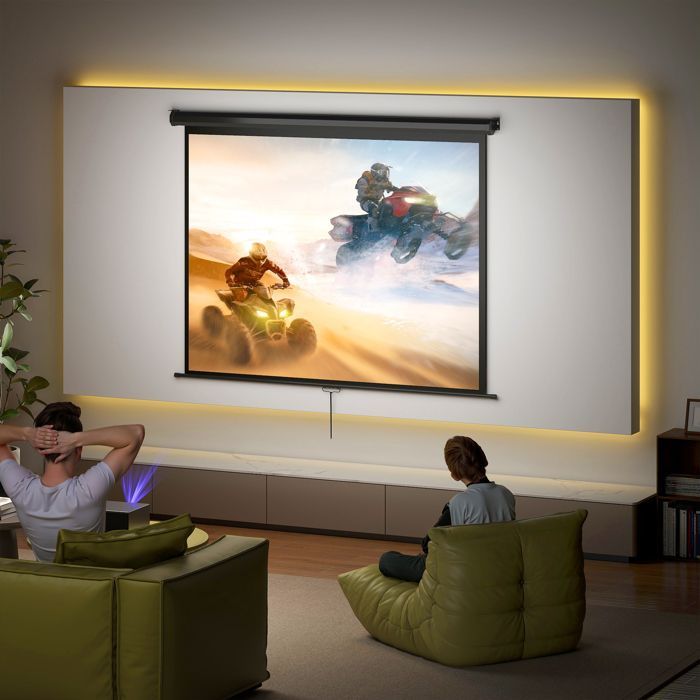 Pantalla de proyección HOMCOM de 84 pulgadas, formato 4:3, resolución 4K HD, para cine en casa, montaje en pared o techo, dimensiones: 181 cm (ancho) x 8 cm (profundidad) x 138 cm (alto), color negro.