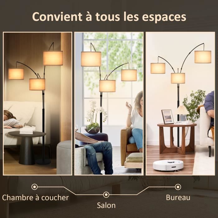 Lampadaire sur pied salon 2m avec 3 abat-jours, variateur, E27 base, lampadaire à intensité variable, noir