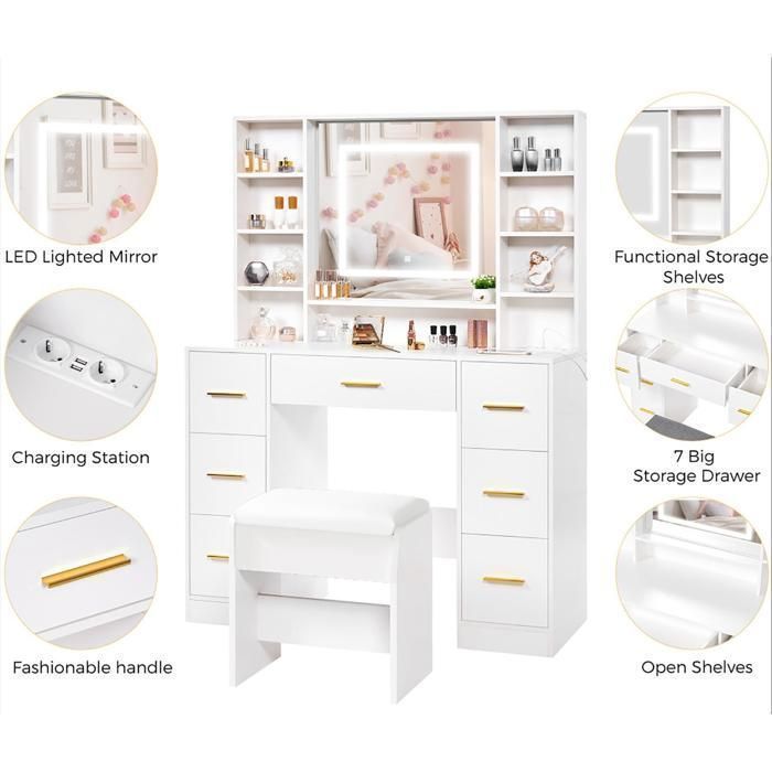 Coiffeuse Grande avec Miroir et Tabouret, LED Réglable, Prise et Port USB, 7 Tiroirs de Rangement, Blanc