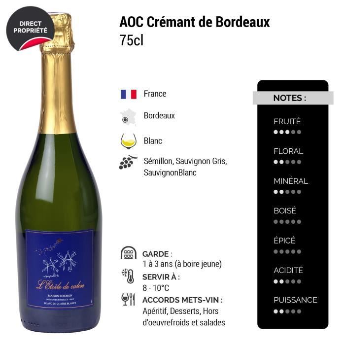 Crémant de Bordeaux L'Étoile de Calon Blanc de quatre Blancs Brut Blanc - Lot de 6x75cl - J.N. BOIDRON - Vin effervescent AOC Blanc