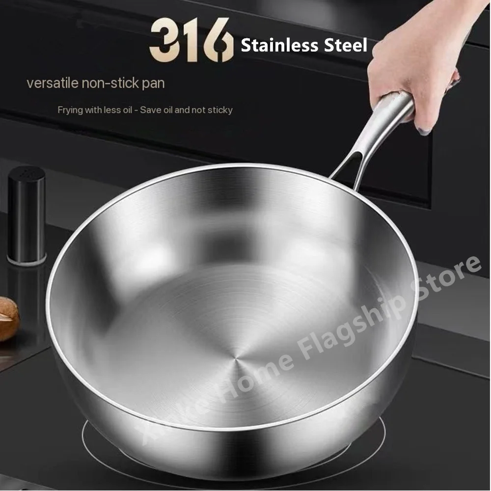 Poêle à frire en acier inoxydable 316, wok profond, sans revêtement, antiadhésif, compatible avec les plaques à gaz et à induction, ustensile de cuisine universel