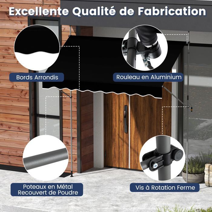 COSTWAY Store Banne Manuel Rétractable 3 x 1,2M - Manivelle Hauteur Réglable 210-300CM, Auvent de Terrasse Anti UV Noir