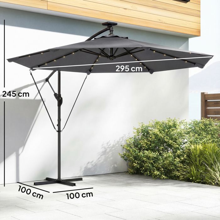 Zweefparasol - tuinparasol - 32 LED-lampjes met draaihendel, UV 50+ bescherming en beschermhoes - aluminium - Ø 295 cm - grijs