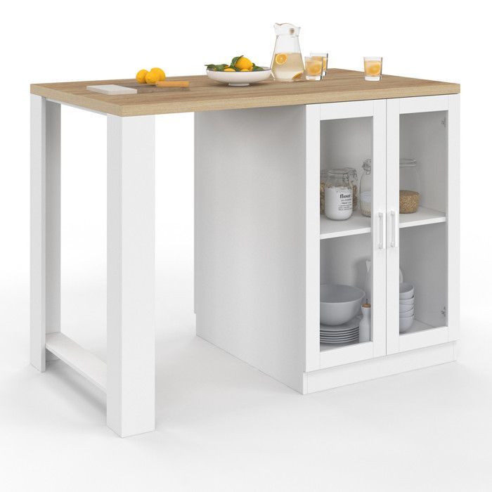 Isla central IDMARKET LINO de 120 cm para 2 personas, madera blanca con encimera efecto haya y puertas de cristal.