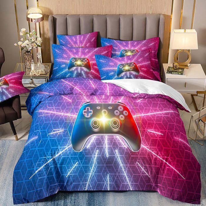 Funda nórdica con diseño de mando de videojuegos de 220x240 cm para niños, adolescentes y jóvenes - Juego de ropa de cama de microfibra con 2 fundas de almohada de 65x65 cm.