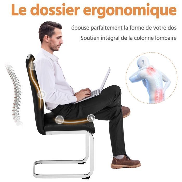 Lot de 2 Chaises Salle à Manger en Similicuir, Haut Dossier & Pieds Métalliques en U, Design Moderne-Cuisine/Appoint,Noir YAHEETECH