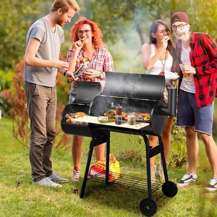 COSTWAY Houtskoolbarbecue - Offset smoker, deksel - 2 wielen - vuurhaard - bijzettafel - thermometer, grillrooster, 115x65x108cm