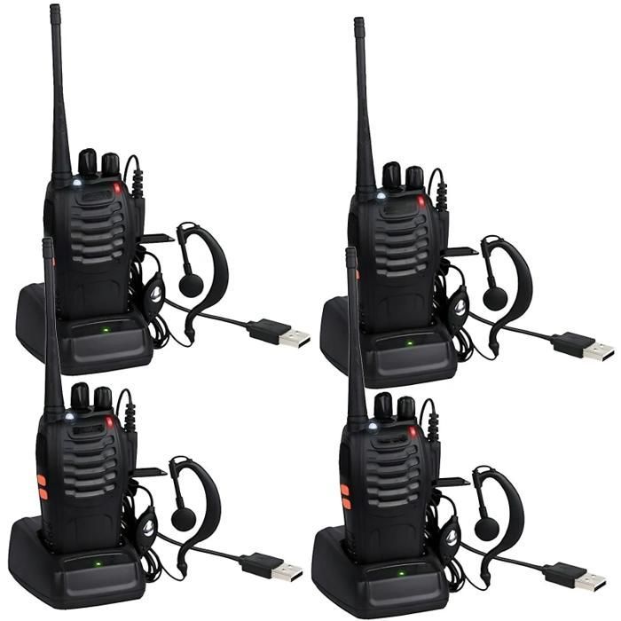 Walkie-talkies, 4 unidades, 16 canales, función de linterna, aptos para uso en exteriores, color negro.